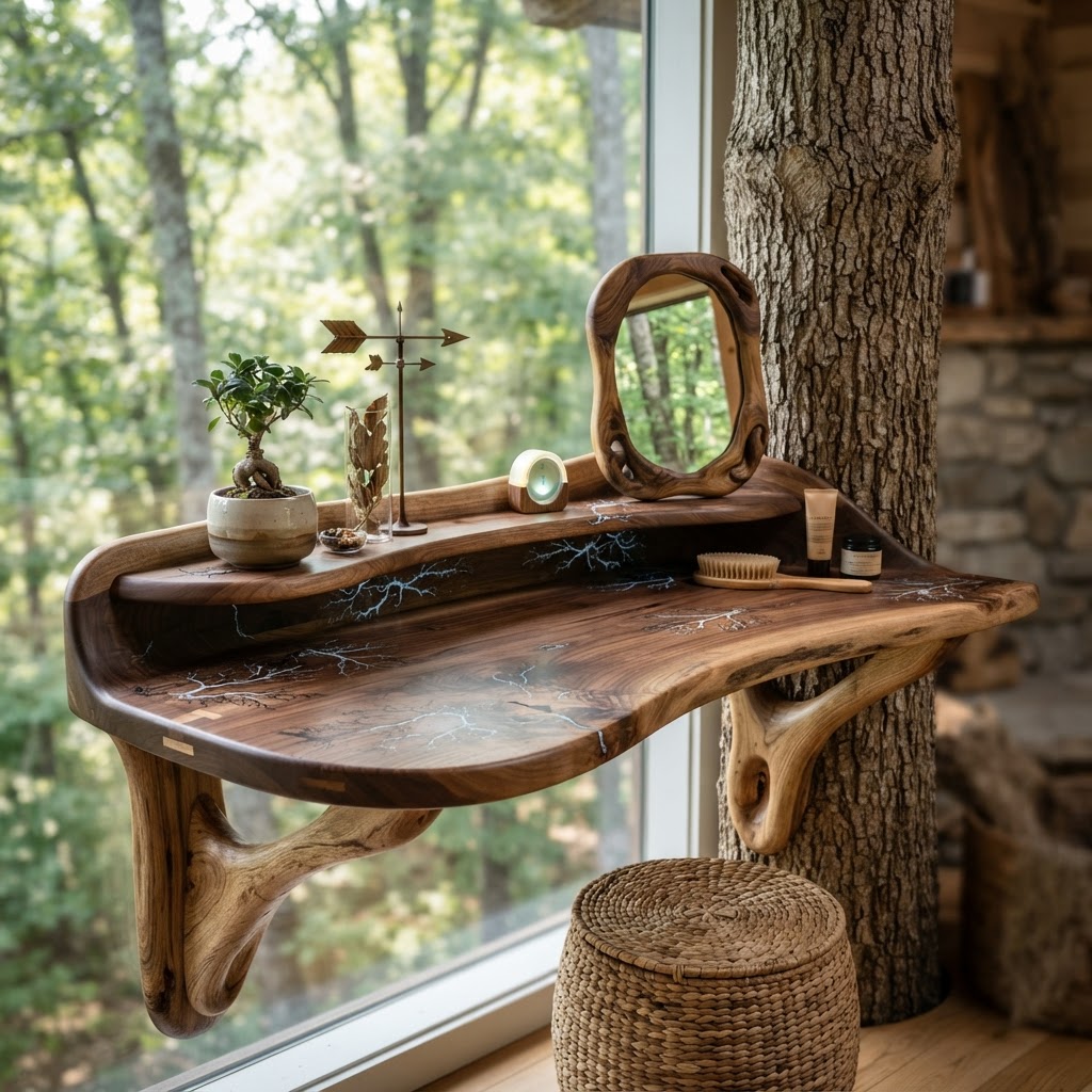 Bespoke Treetop Dendritic Mycelium-Infused Phyto-Sonic Sap-Flow Canopy Zephyr-Alignment Vanity Desk