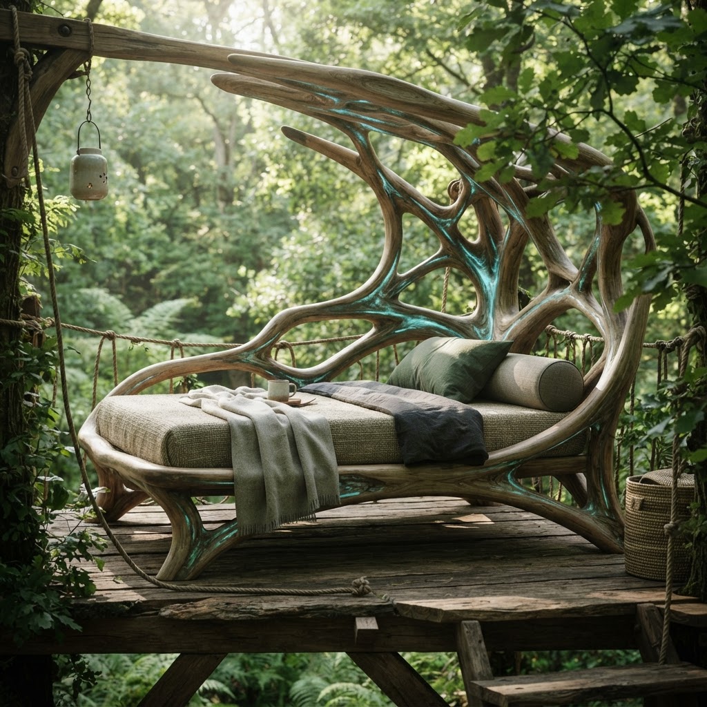 Bespoke Treetop Dendritic Mycelium-Infused Phyto-Fluorescent Sap-Flow Canopy Humidity-Regulating Daybed