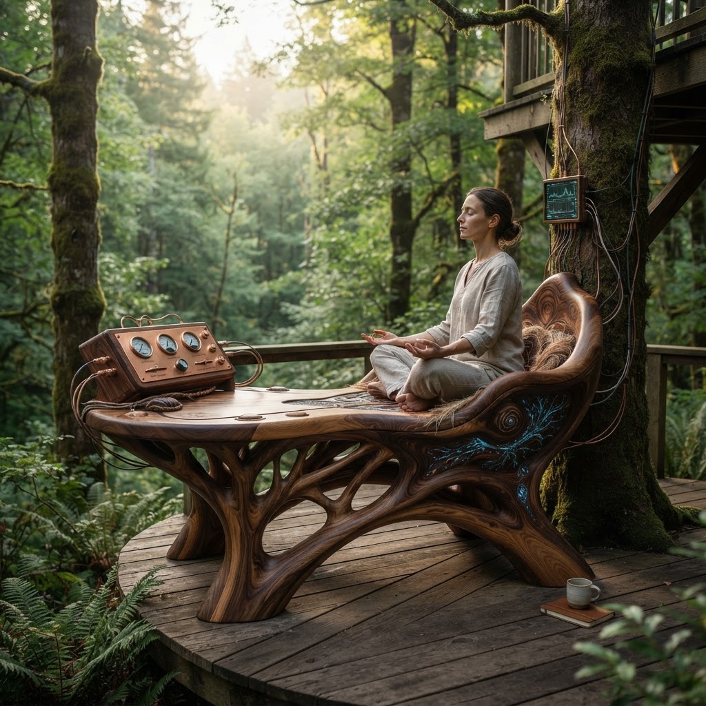 Bespoke Treetop Dendritic Mycelium-Infused Phyto-Barometric Sap-Flow Canopy Humidity-Mapping Meditation Plinth