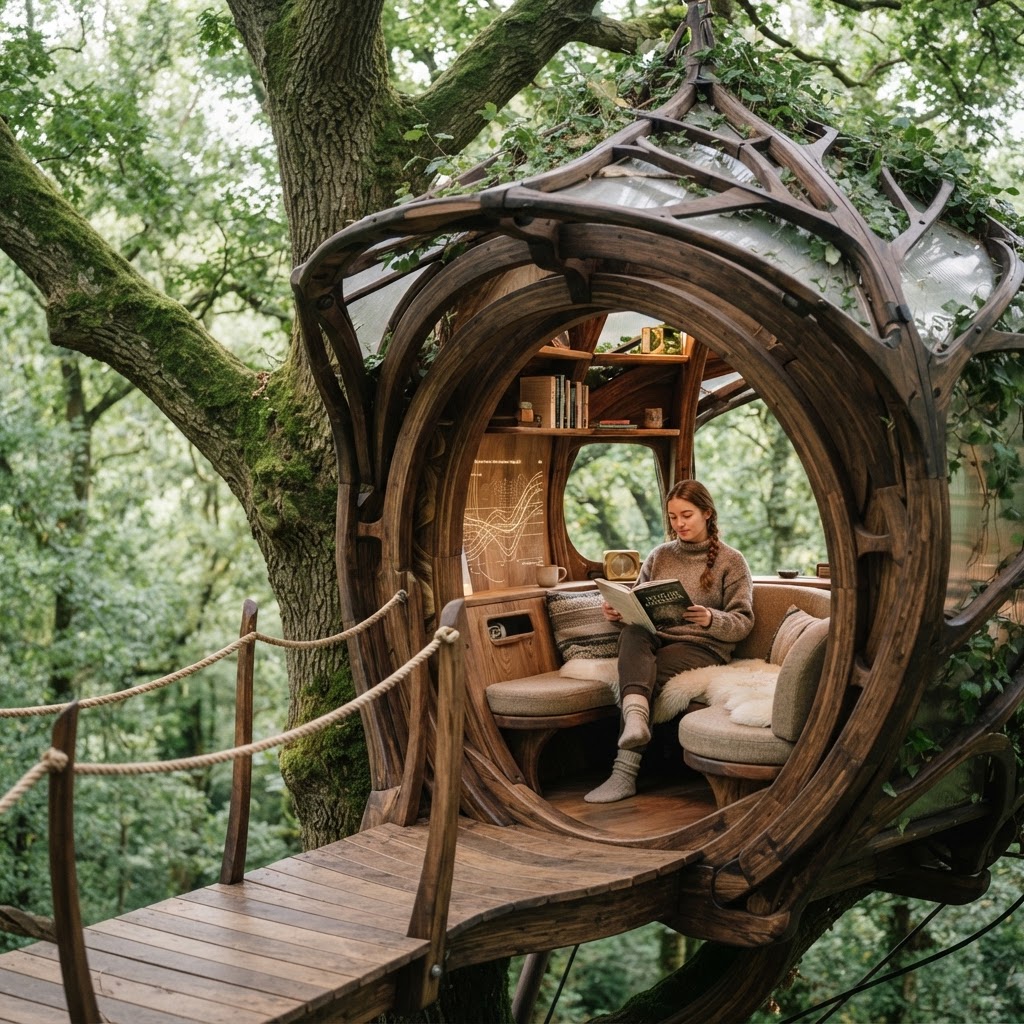 Bespoke Treetop Dendritic Mycelium-Infused Phyto-Thermal Sap-Flow Canopy Gravity-Mapping Reading Alcove