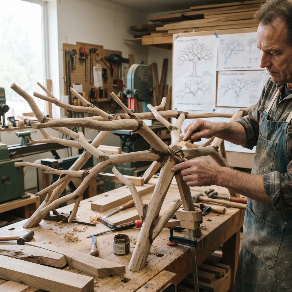 Bespoke Treetop Dendritic Mycelium-Infused Phyto-Kinetic Sap-Flow Canopy Storm-Tracking Writing Desk — step 1