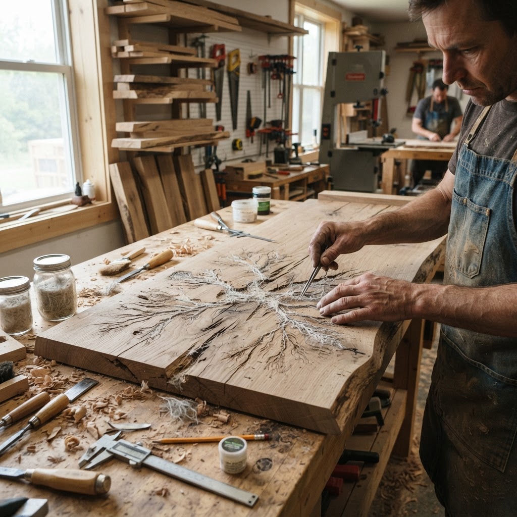 Bespoke Treetop Dendritic Mycelium-Infused Phyto-Pneumatic Sap-Flow Canopy Storm-Tracking Writing Desk — step 1