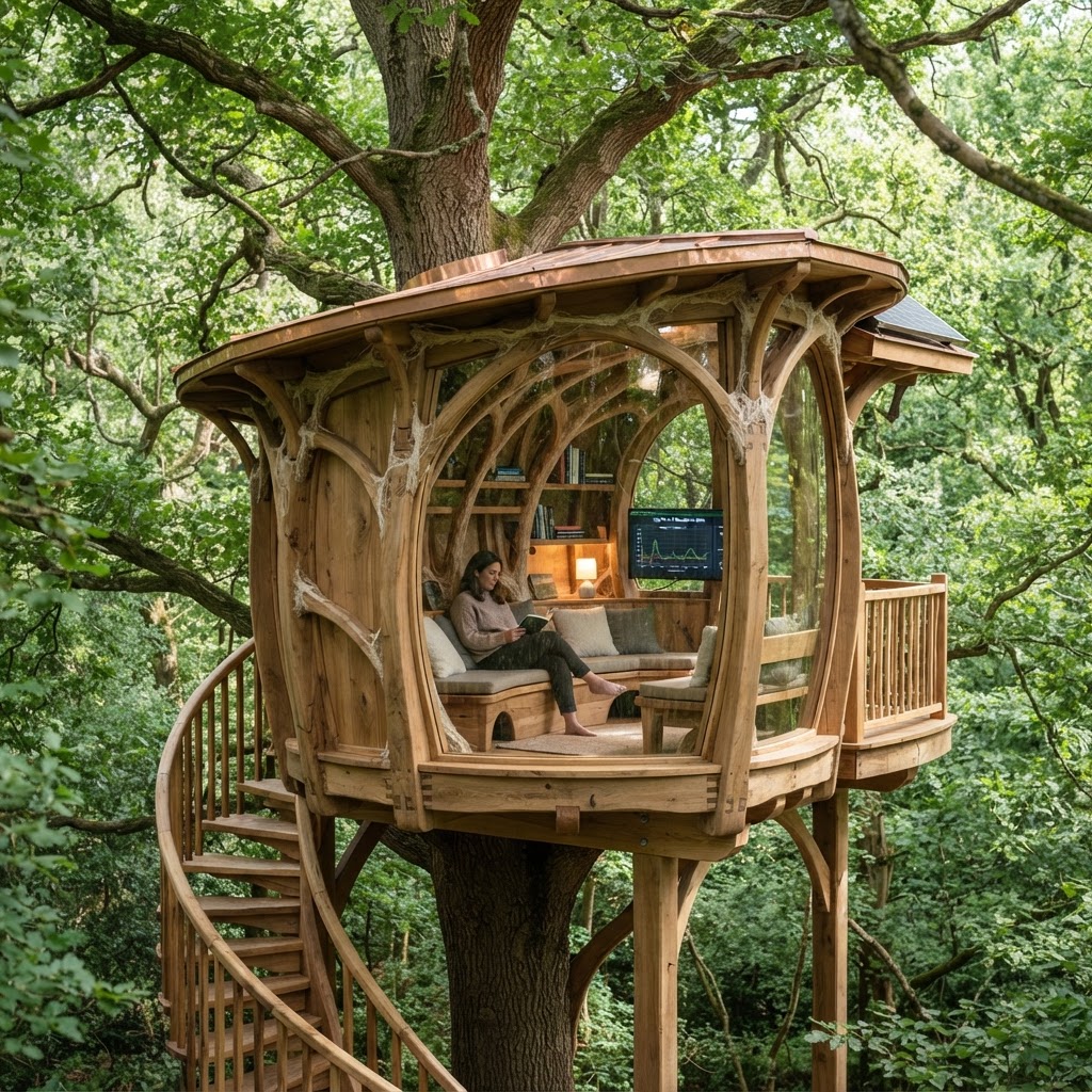 Bespoke Treetop Dendritic Mycelium-Infused Phyto-Tectonic Sap-Flow Canopy Biosphere-Tracking Reading Nook