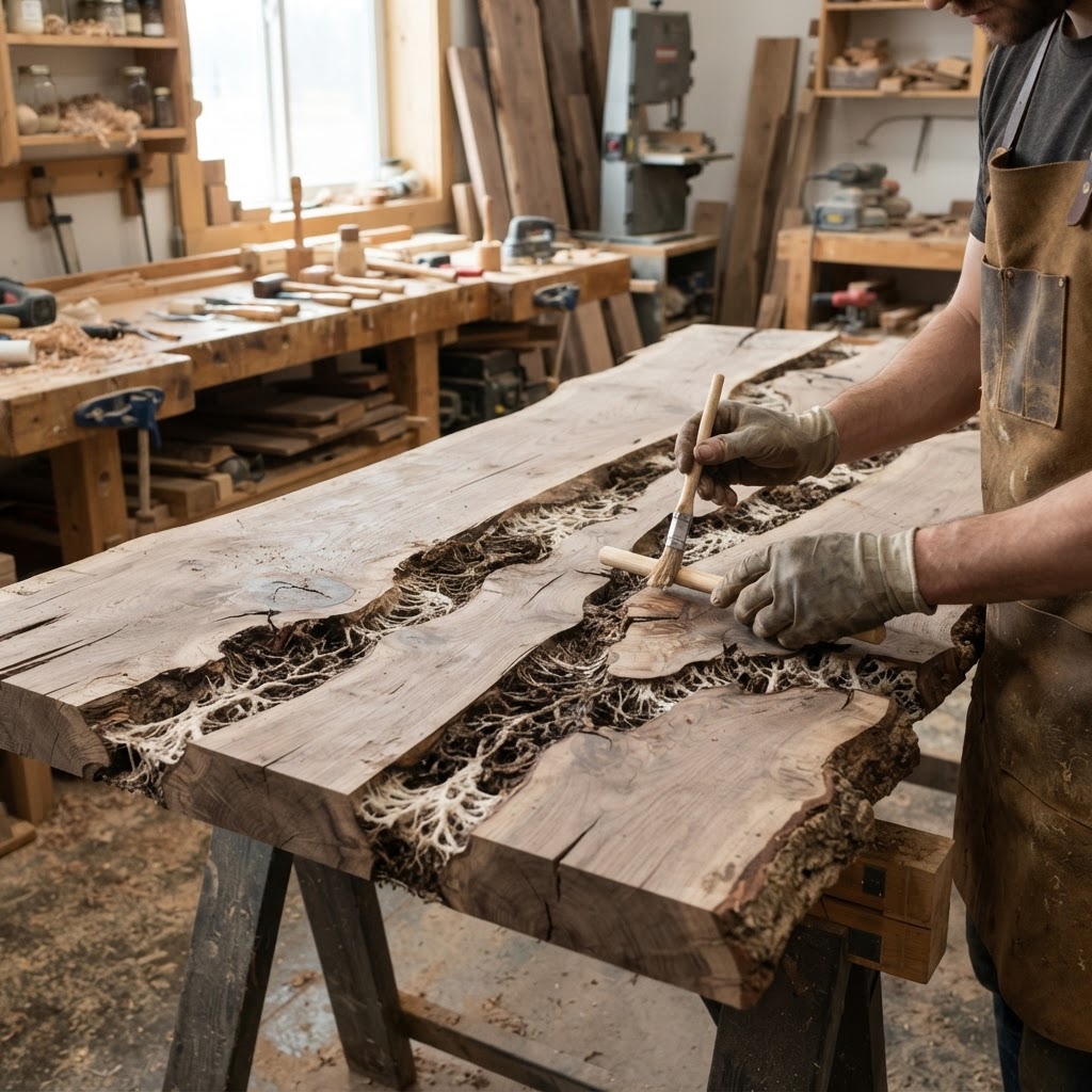 Bespoke Treetop Dendritic Mycelium-Infused Phyto-Tectonic Sap-Flow Canopy Seismic-Resonance Dining Table — step 1