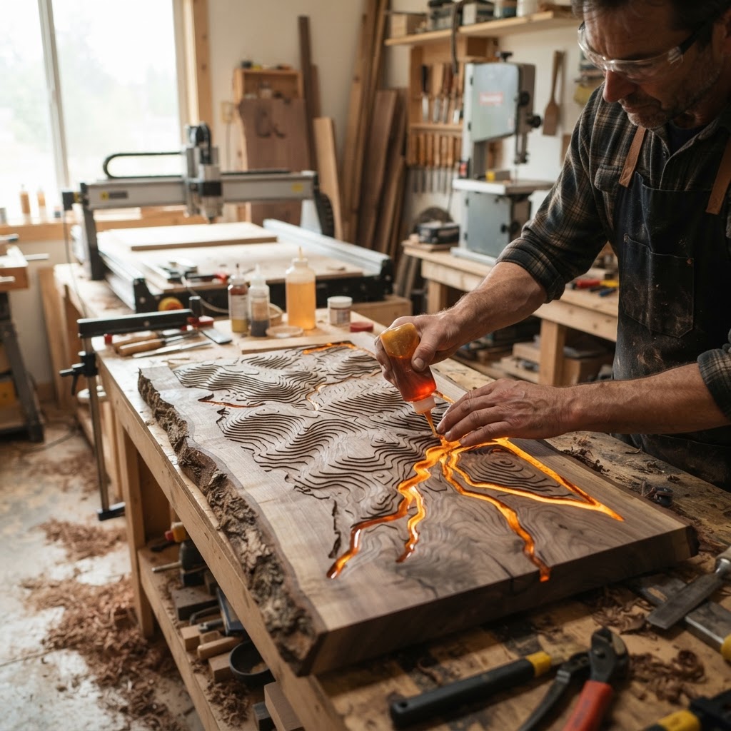 Bespoke Bioluminescent Amber-Resin Treetop Cartography Table — step 1