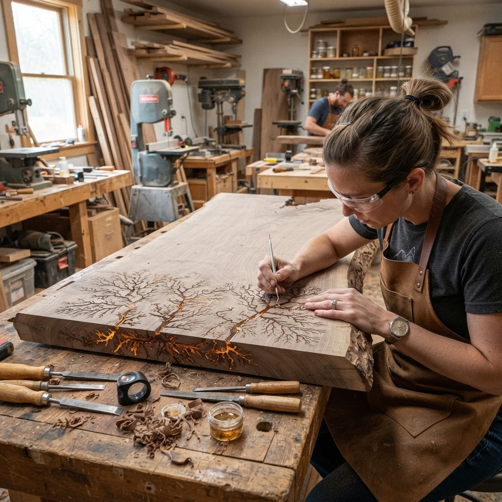 Bespoke Treetop Dendritic Mycelium-Infused Phyto-Refractive Sap-Flow Canopy Sun-Dial Writing Desk — step 3