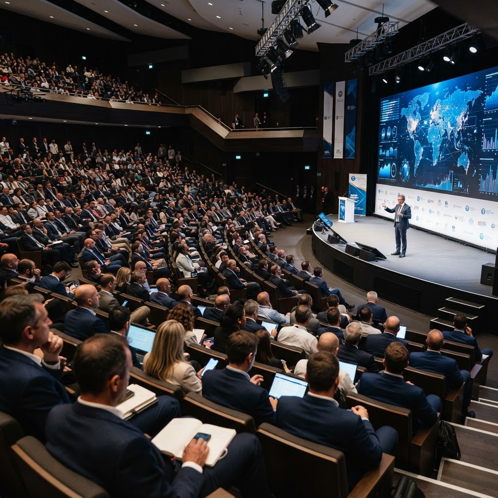 International investment conference auditorium with hundreds of attendees and a stage presentation