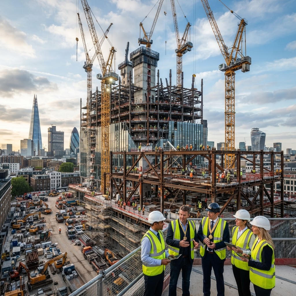 Large-scale construction site with tower cranes and rising steel framework