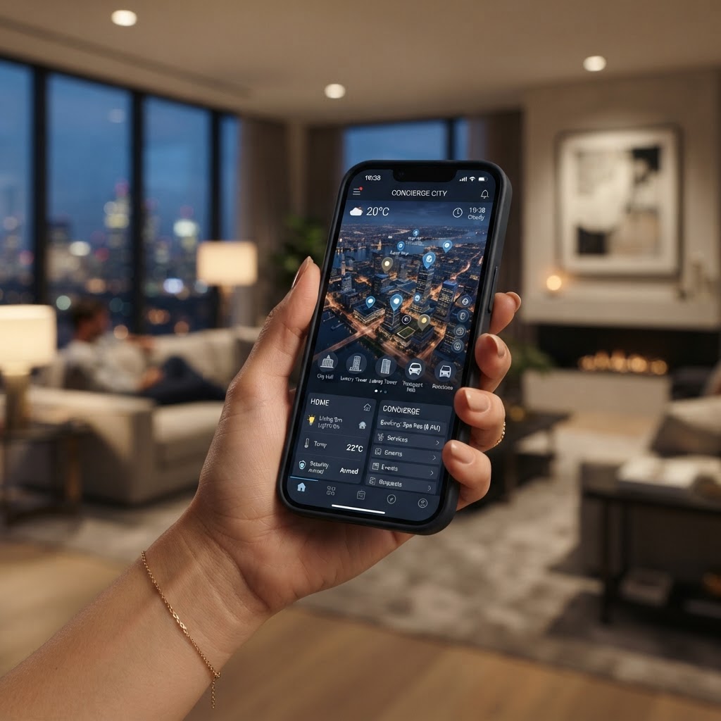 Smartphone displaying a smart city control app over a modern luxury home