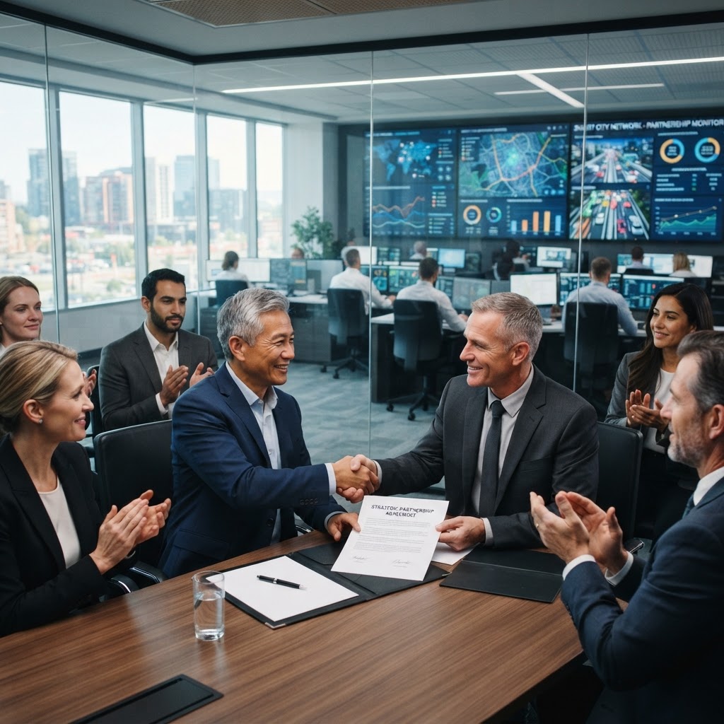 Executives signing a technology partnership in a boardroom with smart city control screens