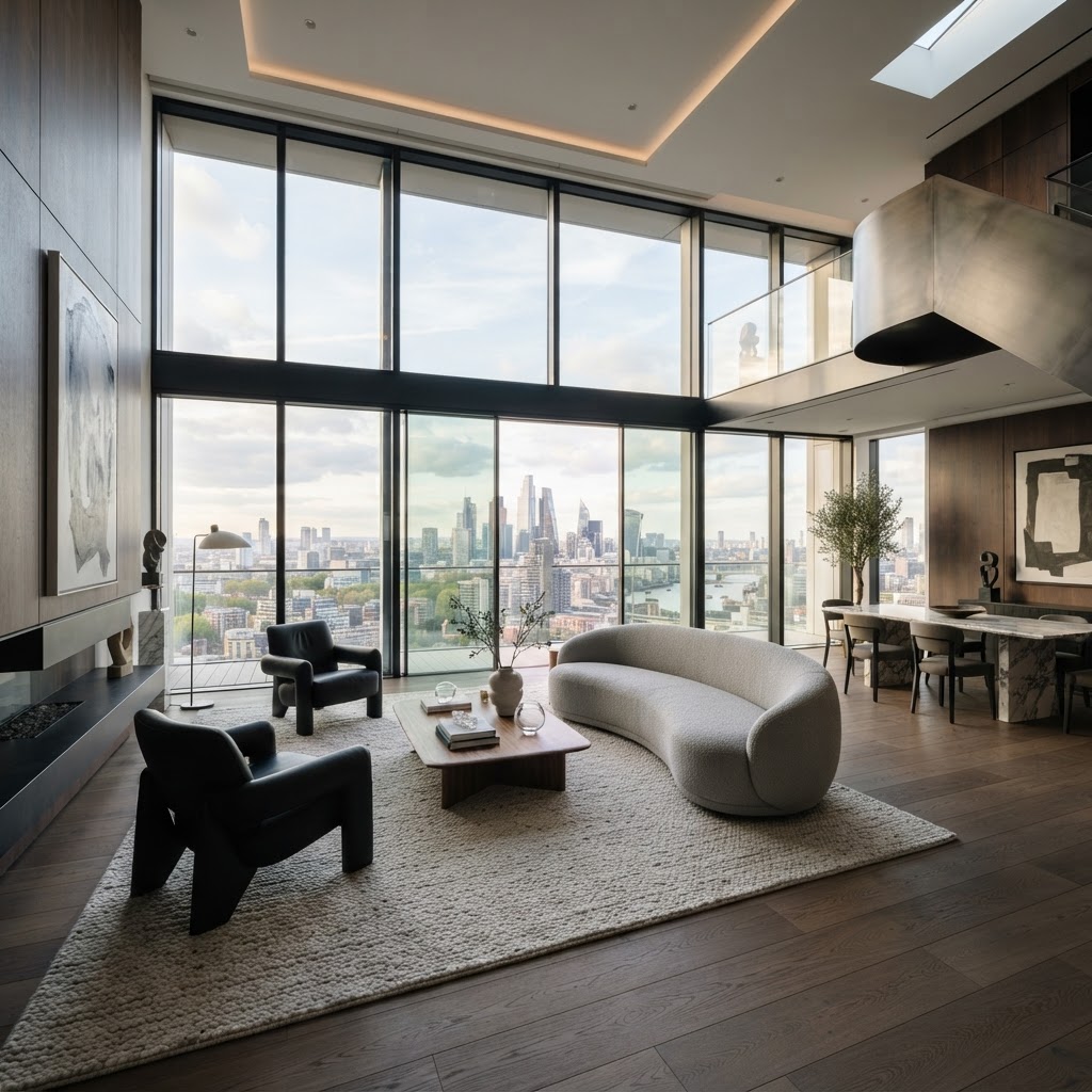 Luxury modern penthouse interior with floor-to-ceiling windows and designer furnishings