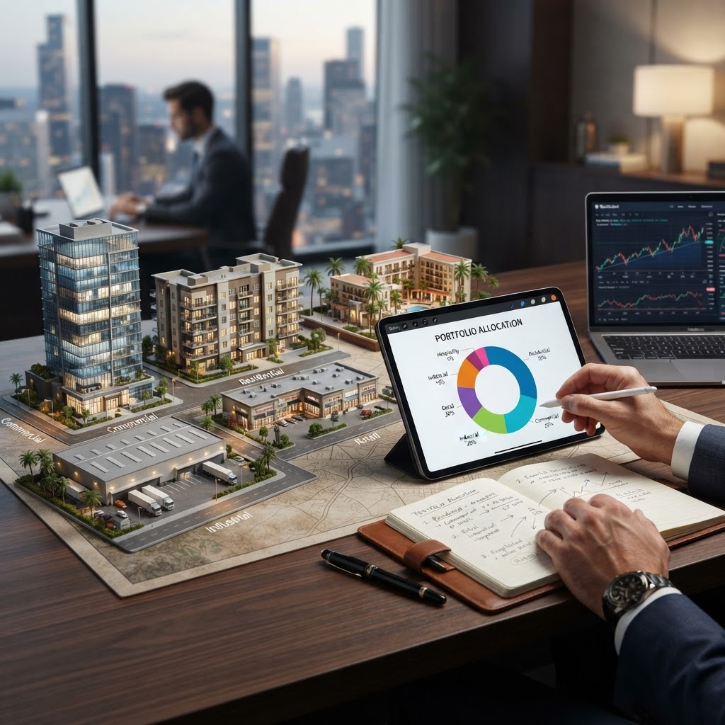 Diversified real estate portfolio with multiple property types and an allocation chart