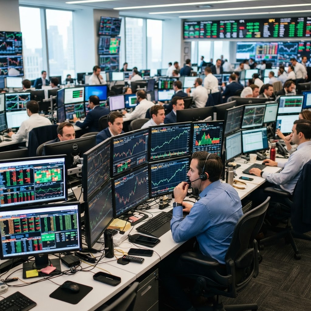 Financial trading floor with market data screens and upward-trending stock graphs