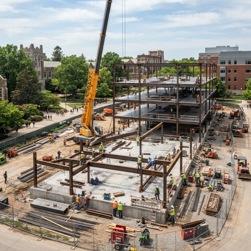 University campus construction with foundation and steel frame of academic buildings