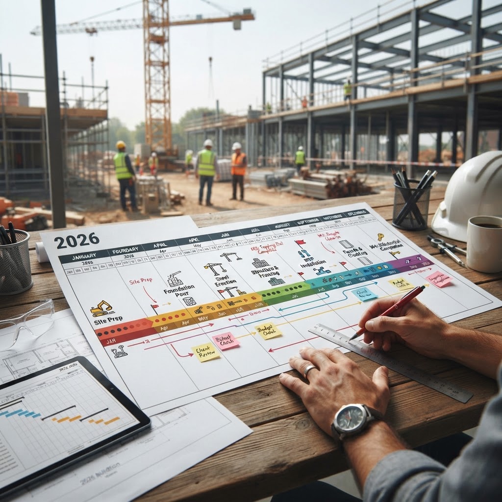 Construction timeline roadmap with milestone markers for 2026