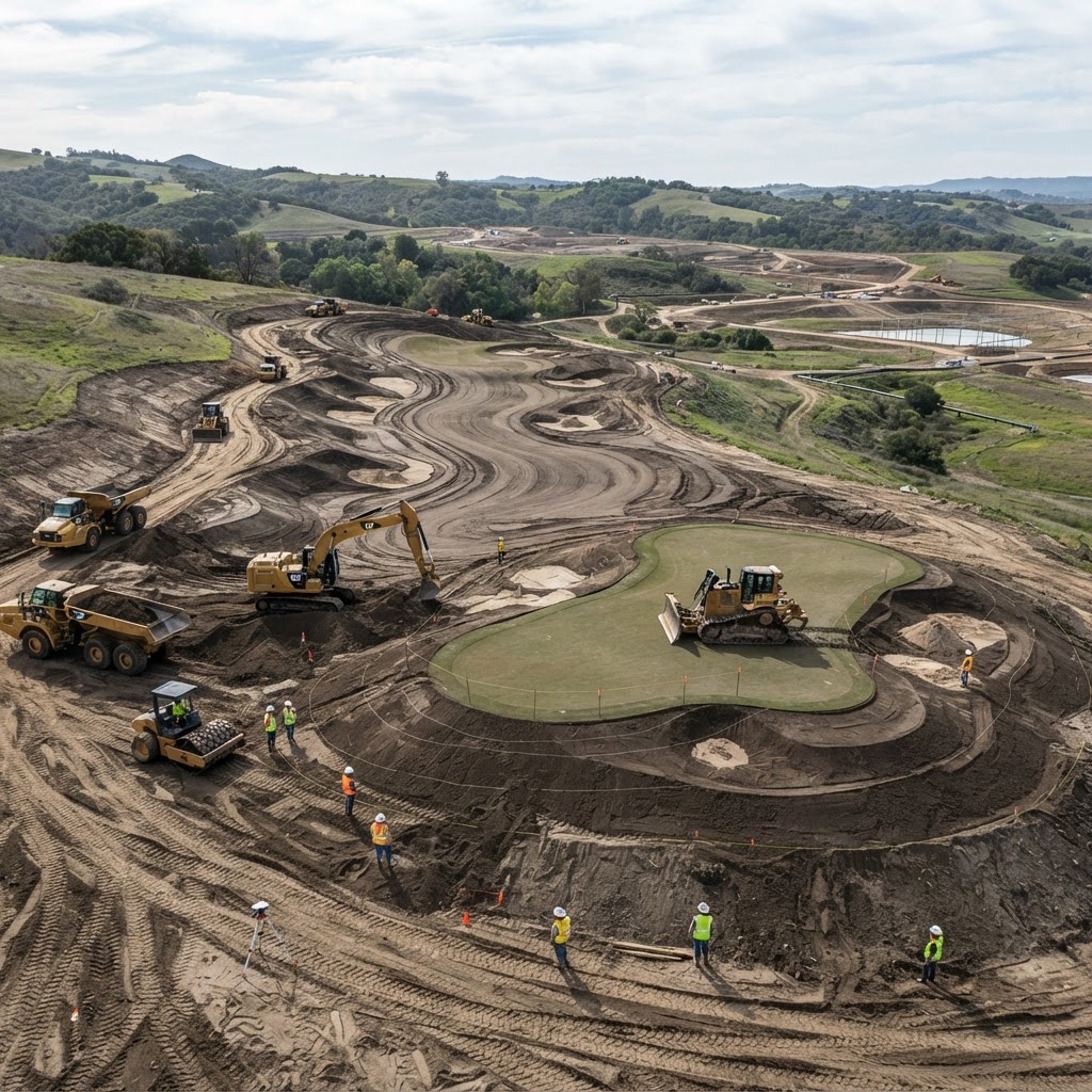 Golf course under construction with earth shaping and fairway landscaping