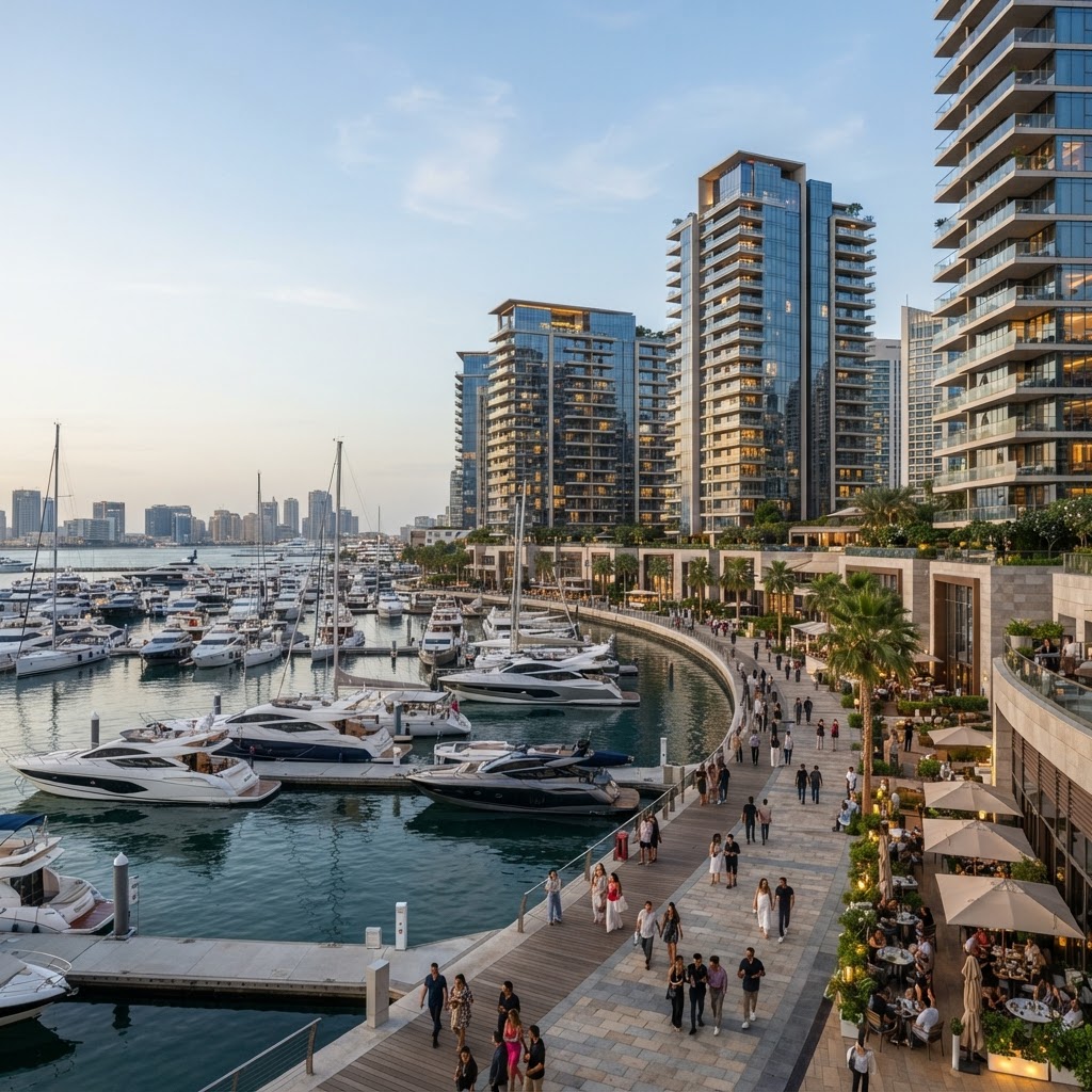 Marina district waterfront luxury apartments with yachts and a promenade