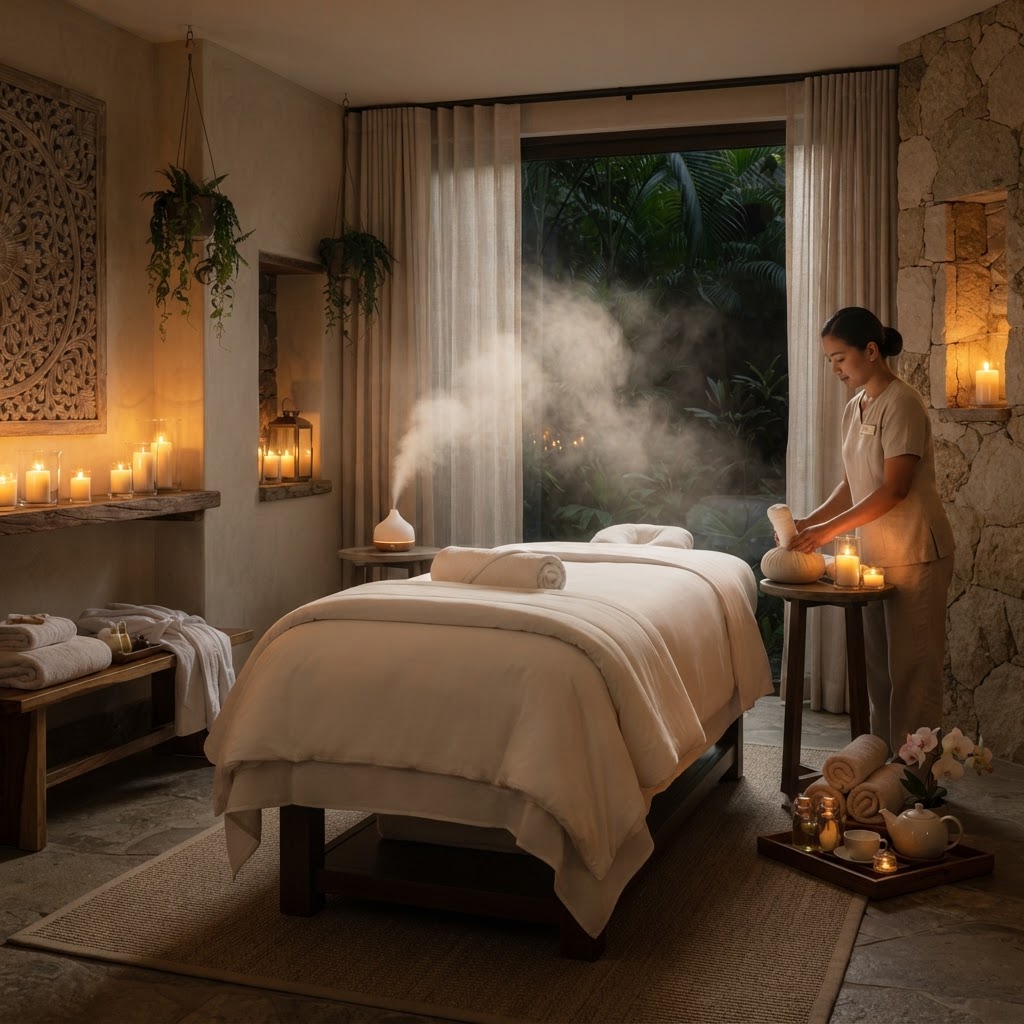 Serene luxury spa treatment room with candles, soft towels and steam