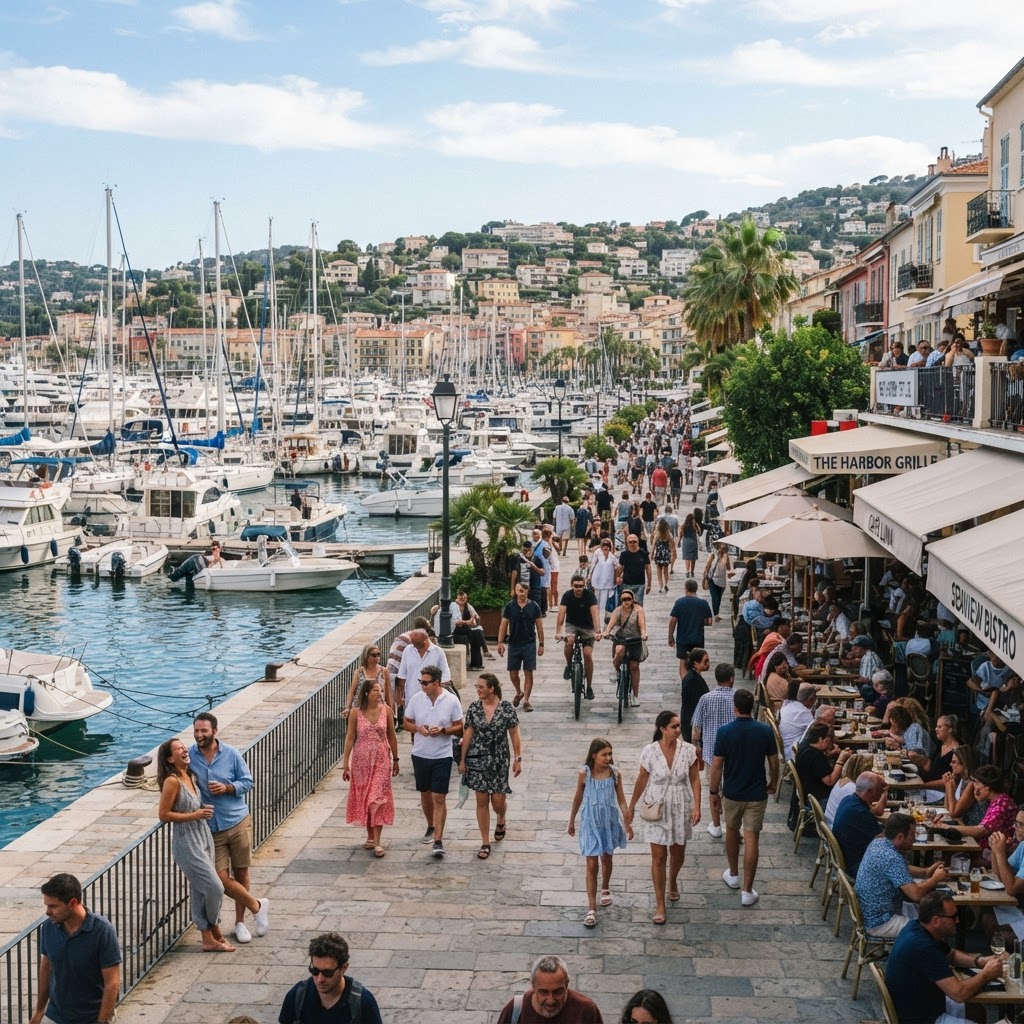 Vibrant marina district waterfront with cafes, a promenade and people enjoying the harbor