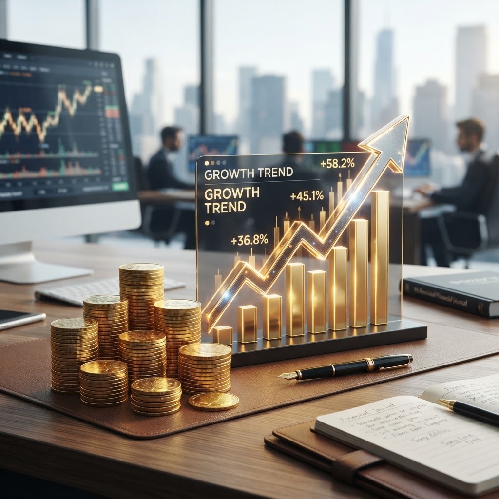 Gold coins stacked beside an upward arrow investment growth graph