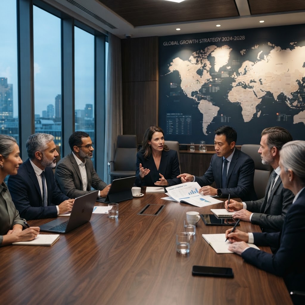 Corporate boardroom with a world map where executives discuss global growth strategy