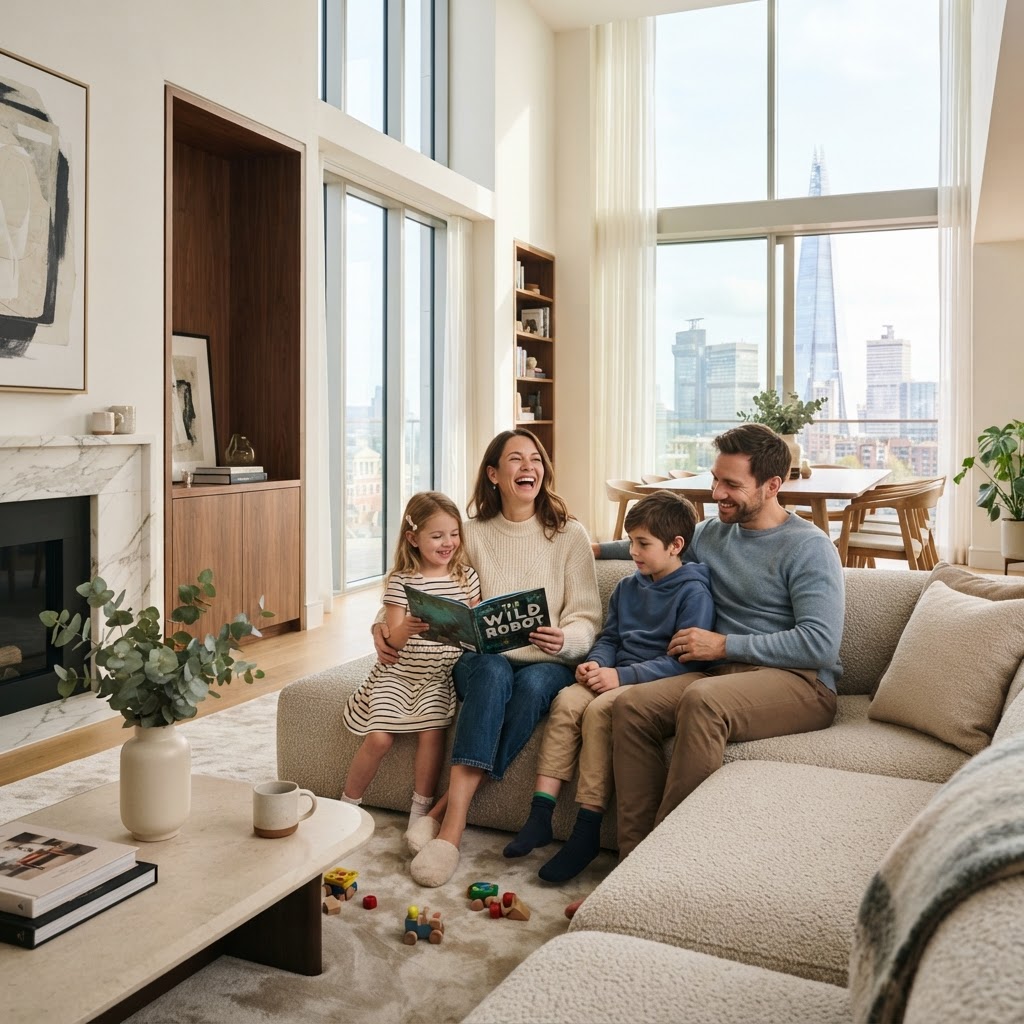 Bright modern family apartment living room with upscale furnishings