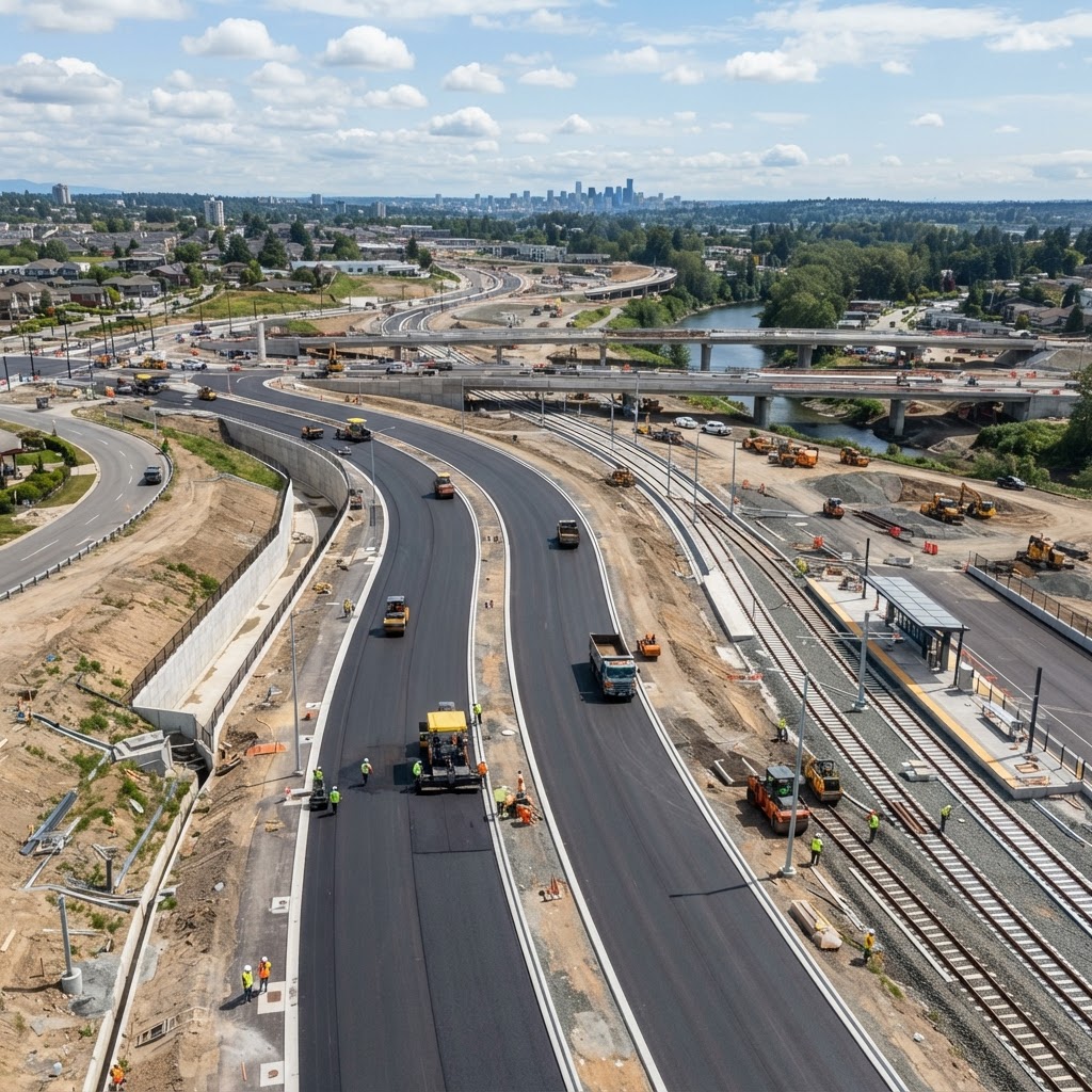 Newly laid asphalt roads and rail lines forming a transit network
