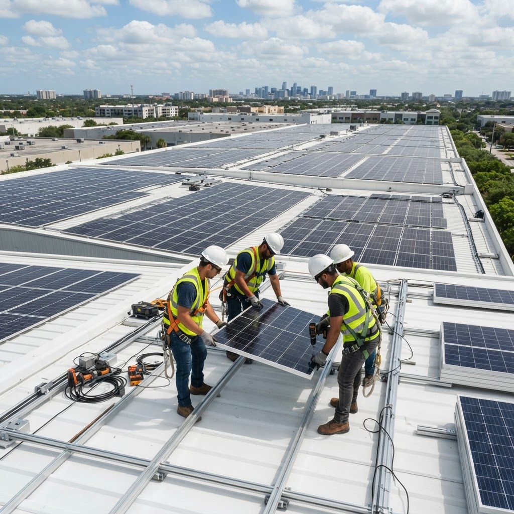 Rooftop solar panel installation with workers installing renewable energy modules