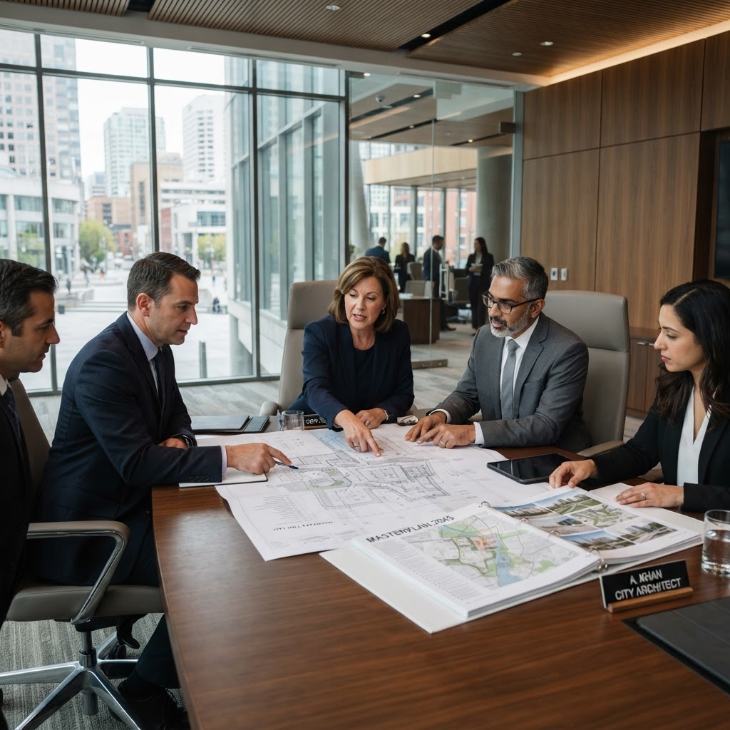 Officials reviewing masterplan blueprints inside a modern government civic building