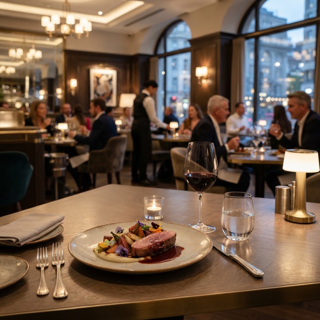 Fine dining restaurant with elegantly plated gourmet cuisine