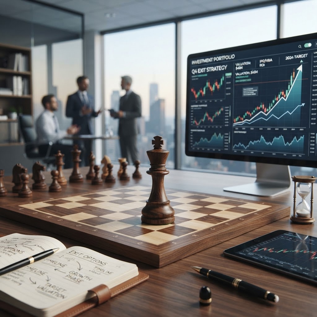 Chess king piece on a board beside financial charts representing exit strategy
