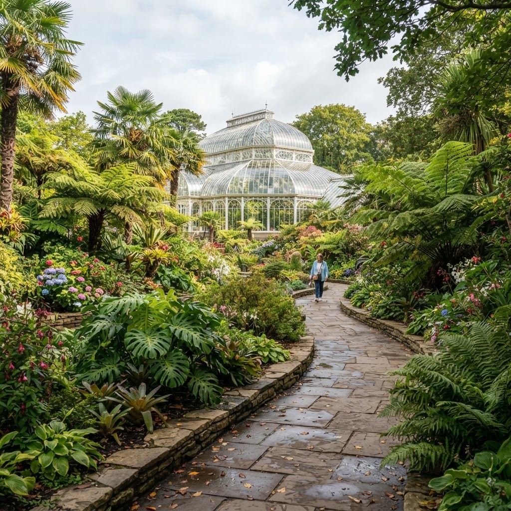 Botanical gardens with lush tropical plants and a glass conservatory