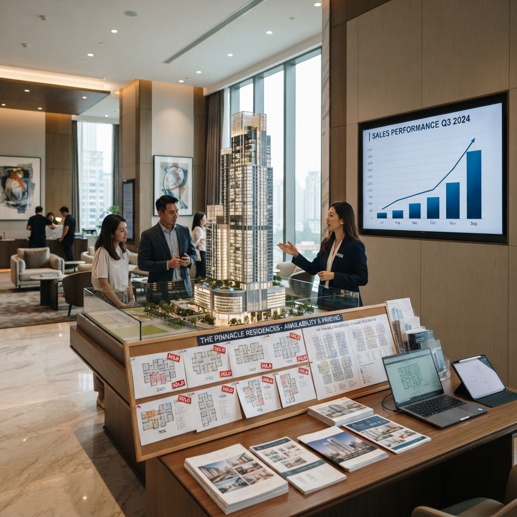 Luxury real estate sales gallery with architectural models, sold listings and an upward sales graph