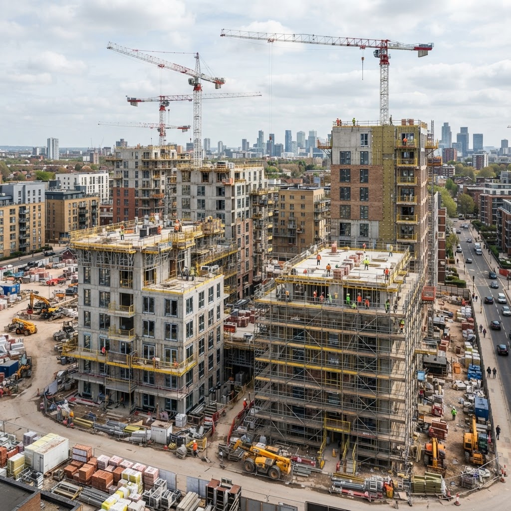 Residential buildings under construction with scaffolding and facade progress