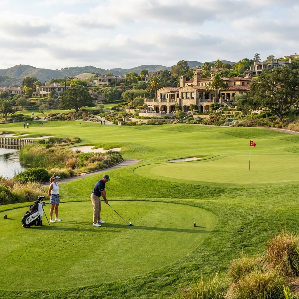 Manicured championship golf fairway and green with a flag at a luxury golf estate