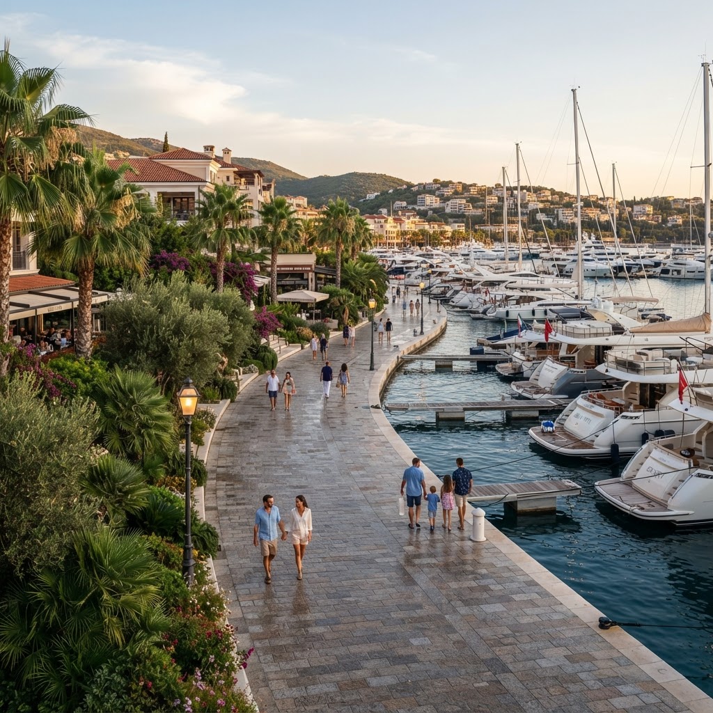 Finished marina waterfront promenade with yachts moored along a stone walkway