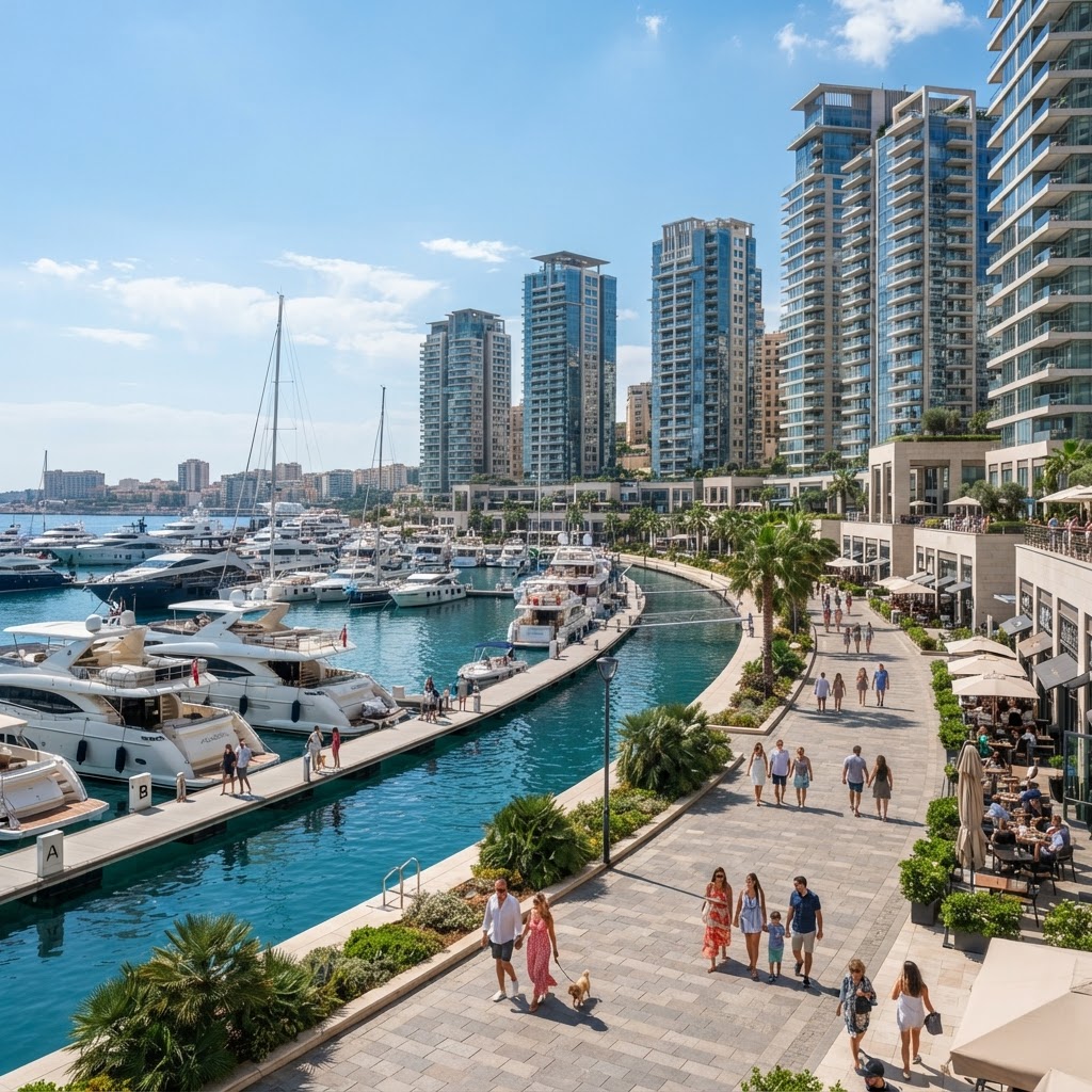 Waterfront Marina District with luxury residential towers, moored yachts and a finished promenade
