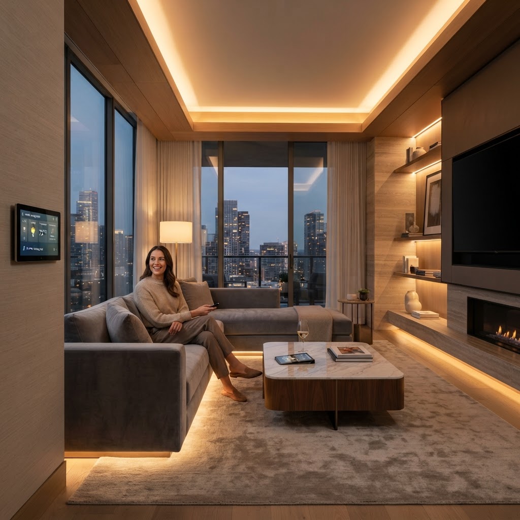 Luxury living room with a voice control panel and automated smart lighting