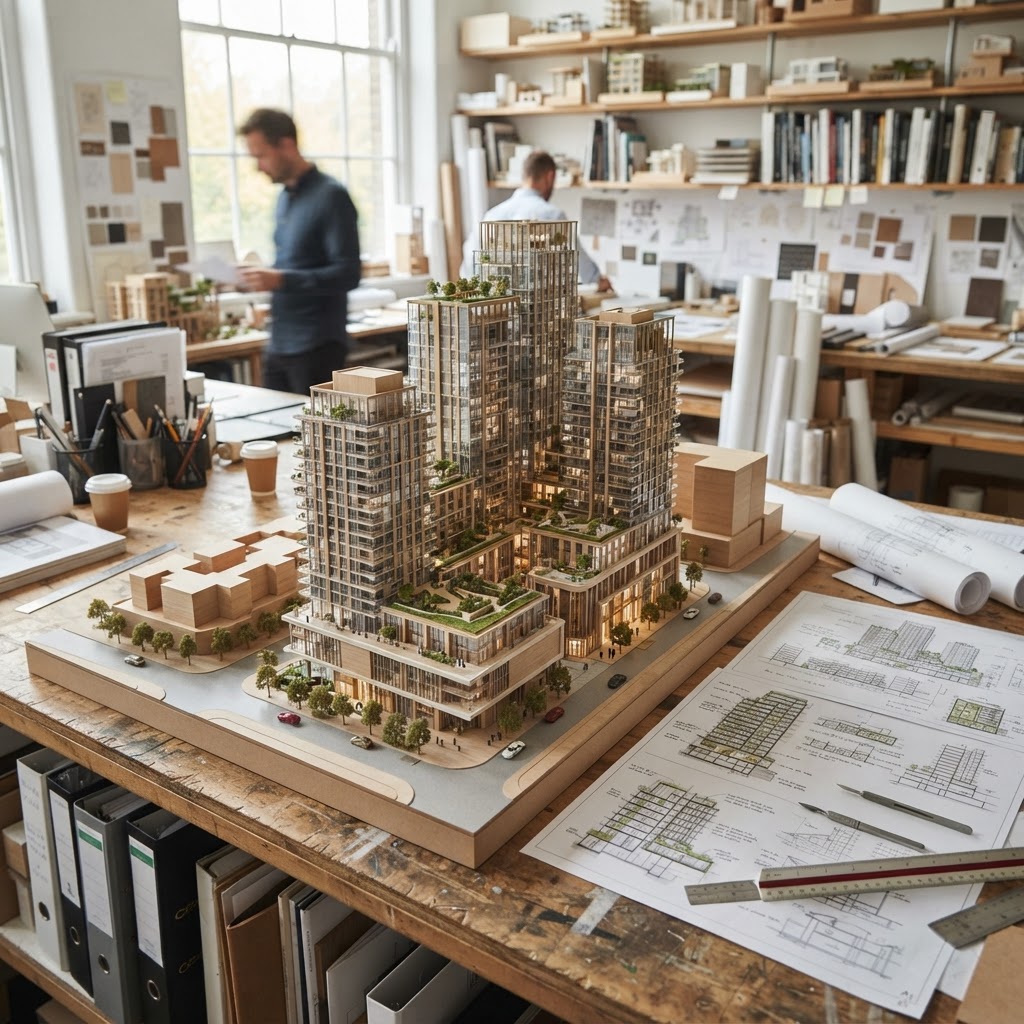 Architectural scale model of a modern luxury development in a design studio