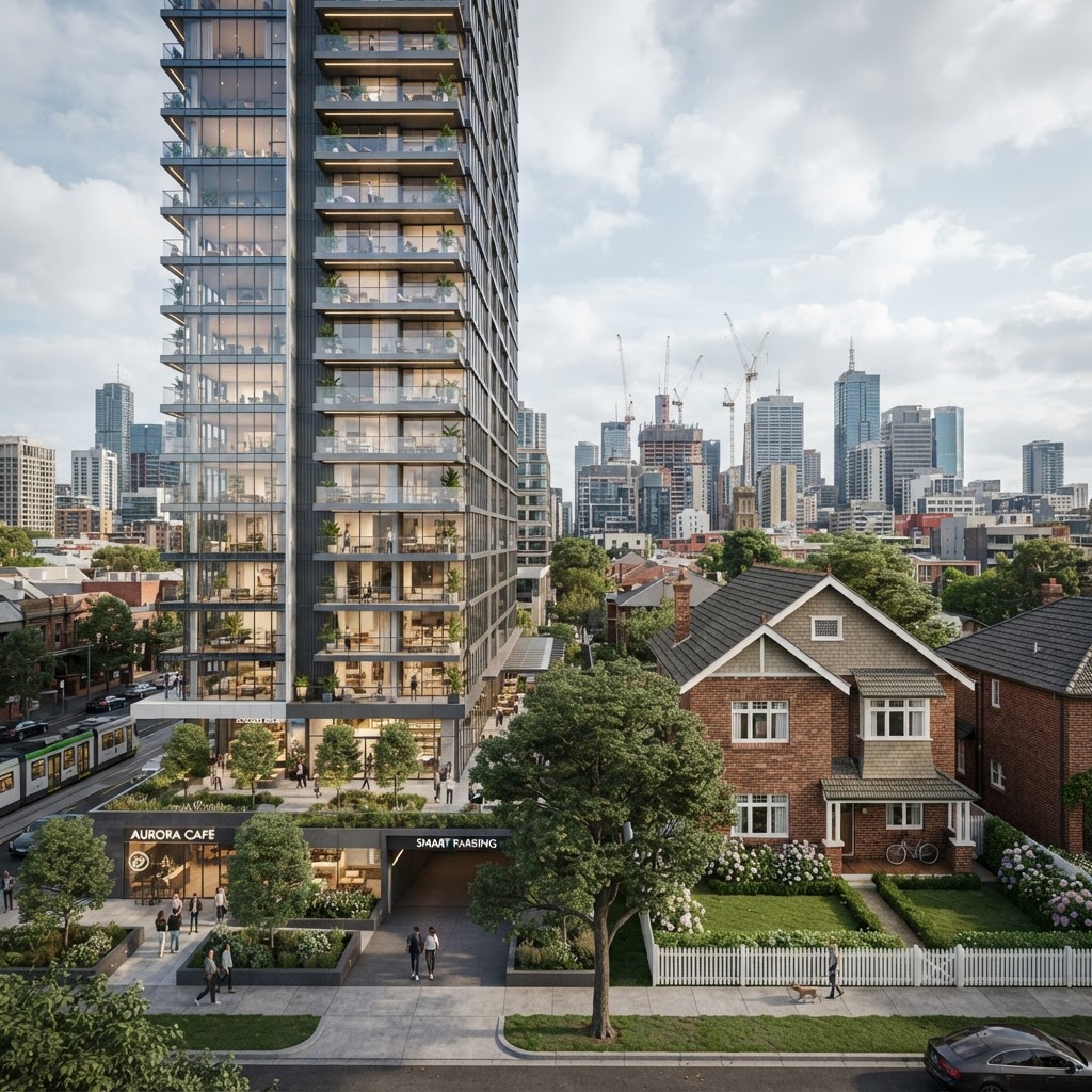 Modern smart high-rise development beside a traditional standalone house for comparison
