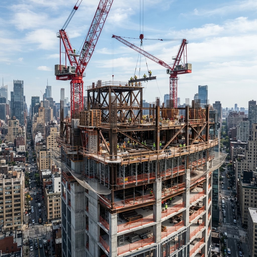 Sky Tower steel framework reaching high upper floors with cranes above