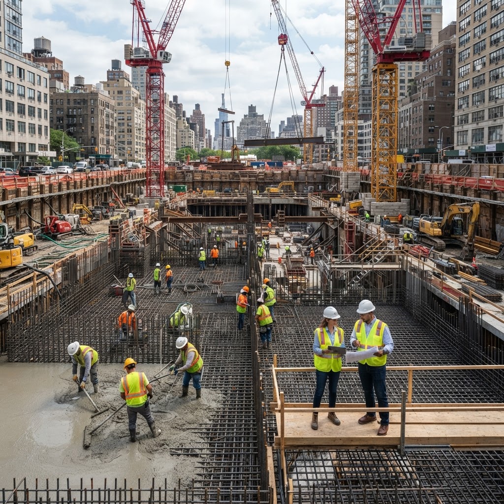 Massive concrete foundation pour for Sky Tower with a rebar grid and tower cranes
