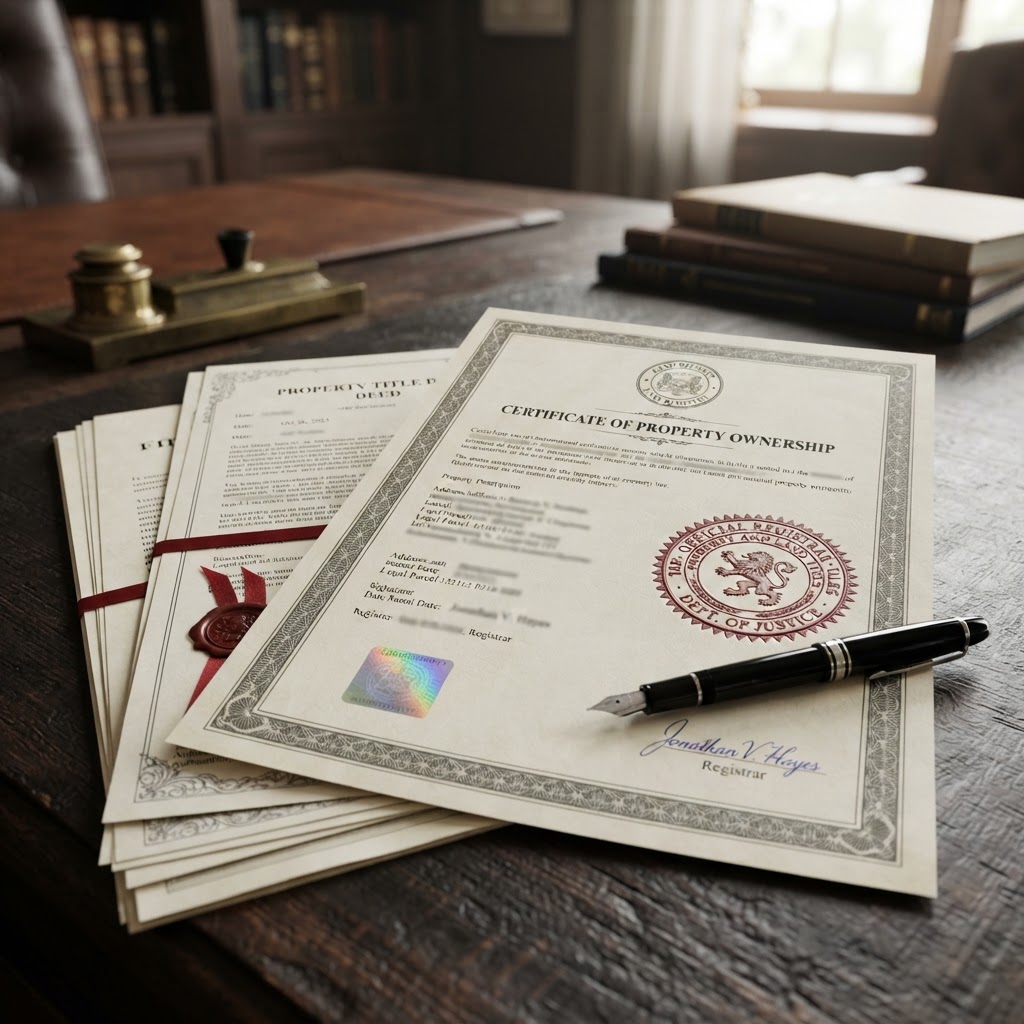 Legal property title deed documents with an official stamp and pen