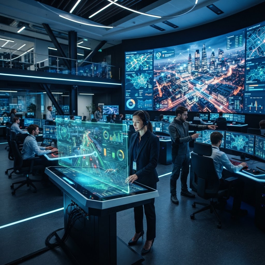Smart city innovation control center with holographic data displays