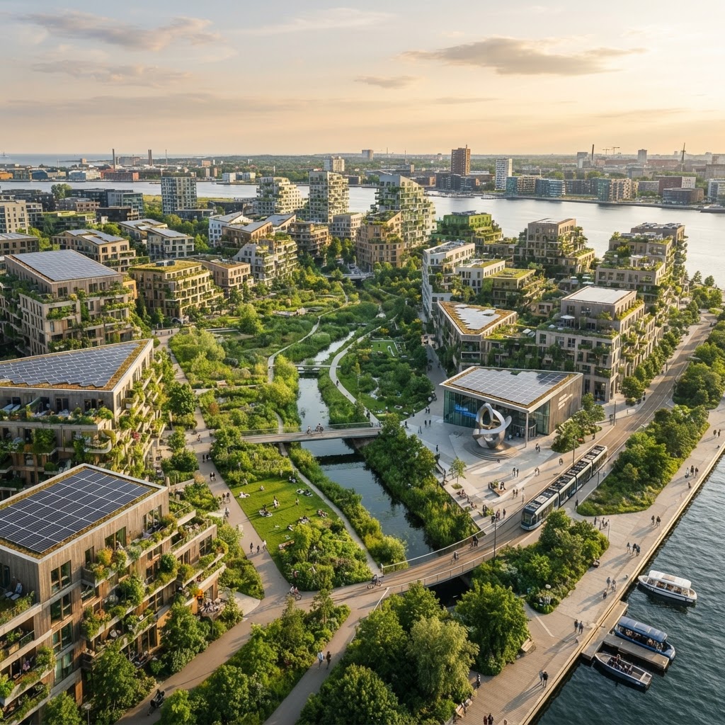 Sustainable masterplan with rooftop solar panels, green parks and low-carbon architecture