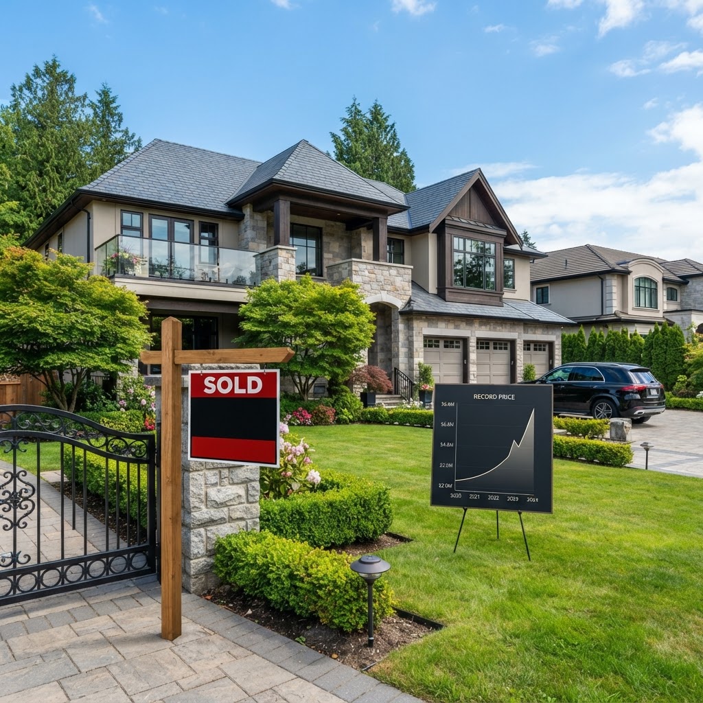 Luxury residential property with a sold sign beside a sharply rising price graph