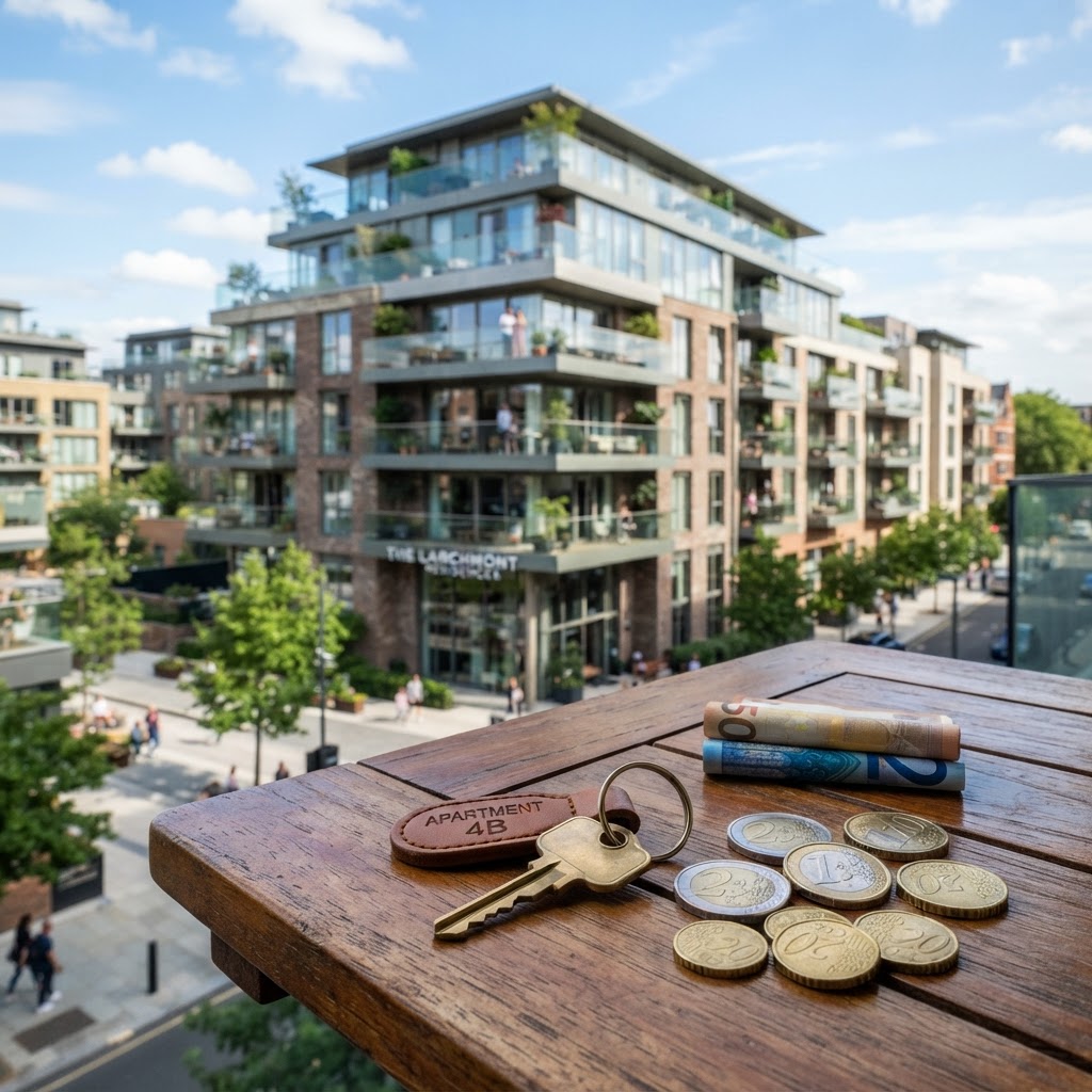 Modern apartment building with a key and coins representing rental income