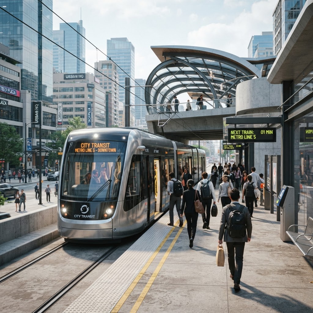 Modern electric light rail train arriving at a sleek city transit station