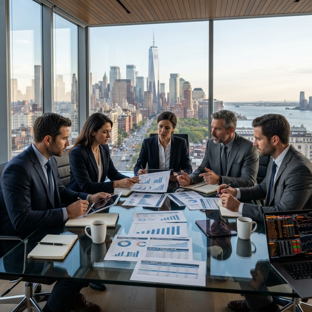 Financial district skyline with institutional investors reviewing market documents