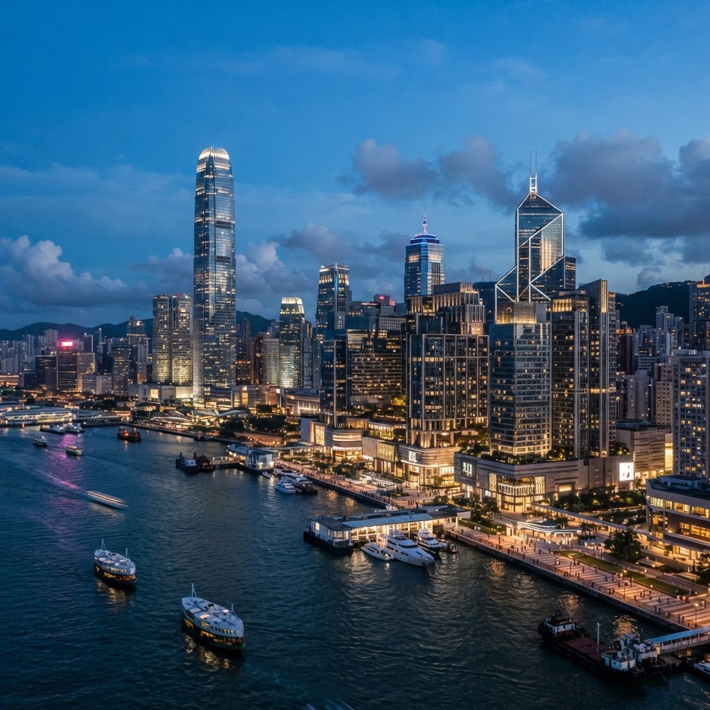 Iconic landmark skyscraper skyline at dusk in a large-scale real estate development